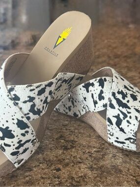 Volatile Black and White Cow Print Wedge Sandals